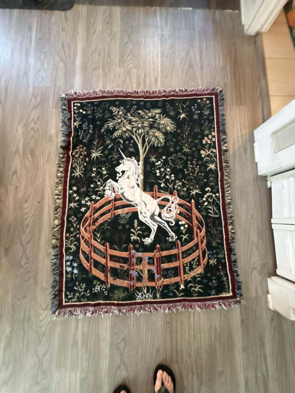 Unicorn in Captivity Medieval Tapestry Woven Throw Blanket
